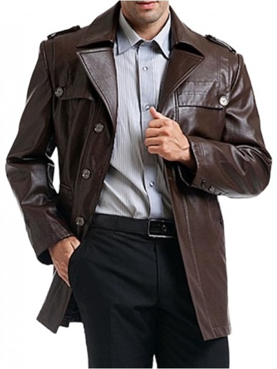 Single Breasted Mens Brown Motorcycle Leather Coat
