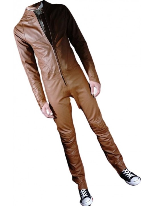 Mens Biker style real sheepskin brown motorcycle leather jumpsuit