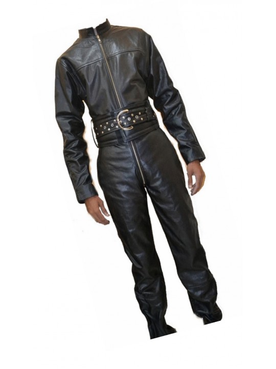 Mens Bold Fashion Real Sheepskin Black Leather Jumpsuit