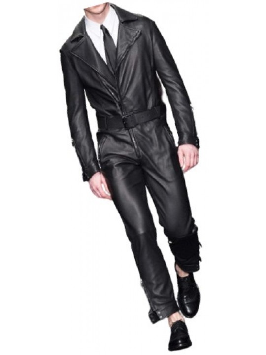 Mens Formal Wear Real Sheepskin Black Leather Jumpsuit