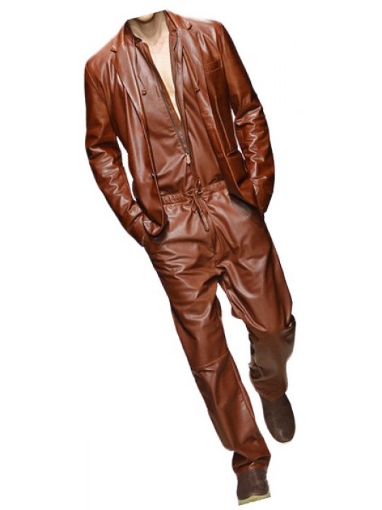 Mens Glamorous Real Sheepskin Brown Leather Jumpsuit With Blazer