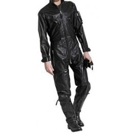 Mens High Fashion Real Sheepskin Black Leather Jumpsuit