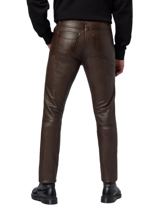 Male Classic Loose Fit Real Brown Leather Pants