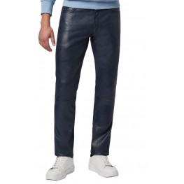Male Classic Loose Fit Real Navy Blue Leather Pants