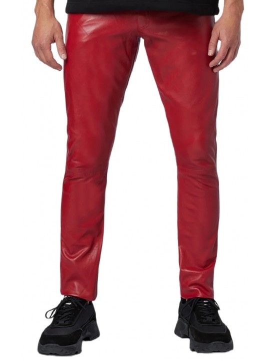 Male Classic Loose Fit Real Red Leather Pants