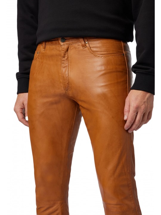 Male Classic Loose Fit Real Camel  Leather Pants