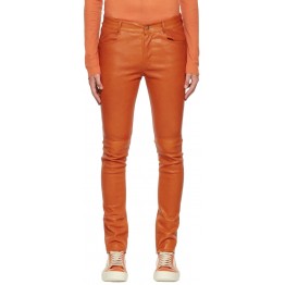 Men Casual Slim Fit Real Sheepskin Orange Leather Trouser Pants