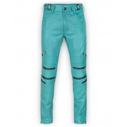 Mens Cool Style Bright Blue Leather Biker Pants