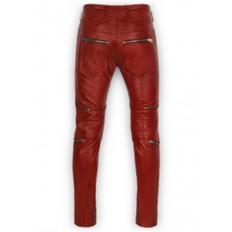 Mens Cool Style Cherry Red Leather Biker Pants