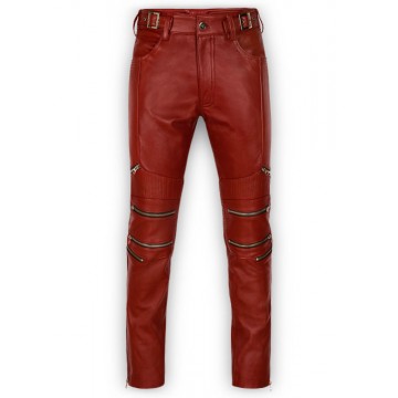 Mens Cool Style Cherry Red Leather Biker Pants