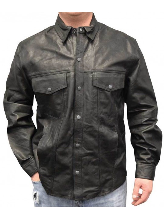 Mens Sophisticated Look Real Sheepskin Black Leather Shirt