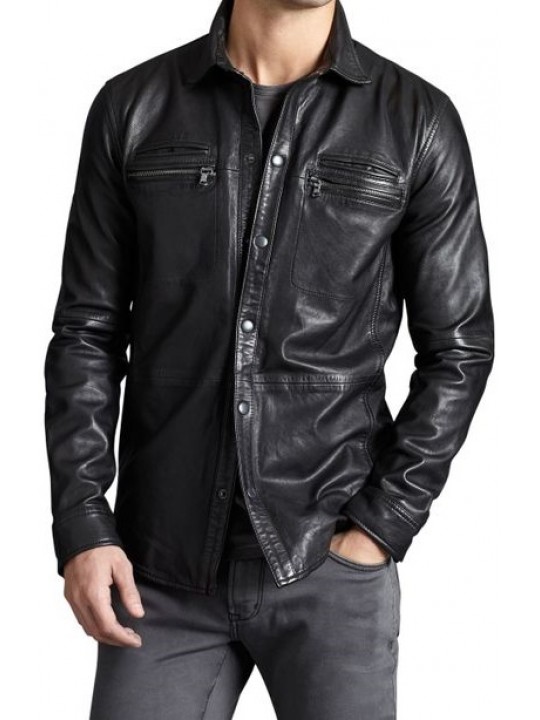Mens Trendsetting Real Sheepskin Black Leather Shirt
