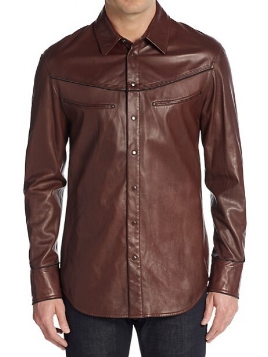 Mens Bold Fashion Real Sheepskin Brown Leather Shirt