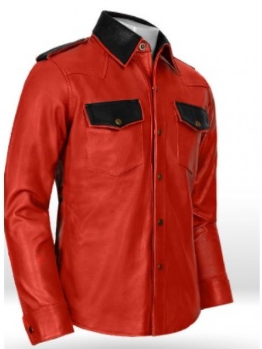 Mens Classic Real Sheepskin Red & Black Leather Shirt