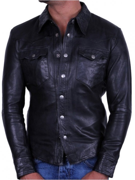 Mens Classy Look Real Sheepskin Black Leather Shirt