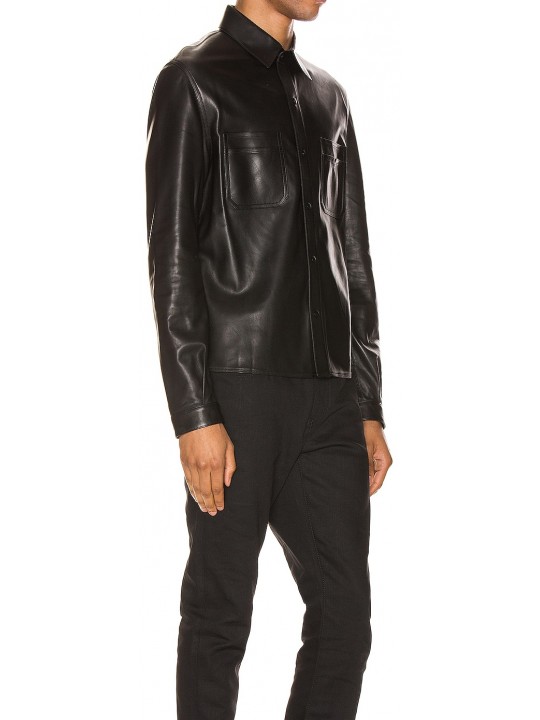 Mens Cool Style Real Sheepskin Black Leather Shirt