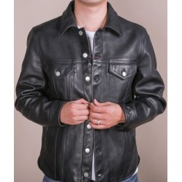 Mens Dude Look Real Sheepskin Black Leather Shirt