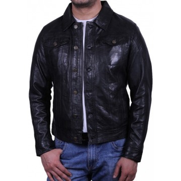 Mens Edgy Fashion Real Sheepskin Black Leather Shirt