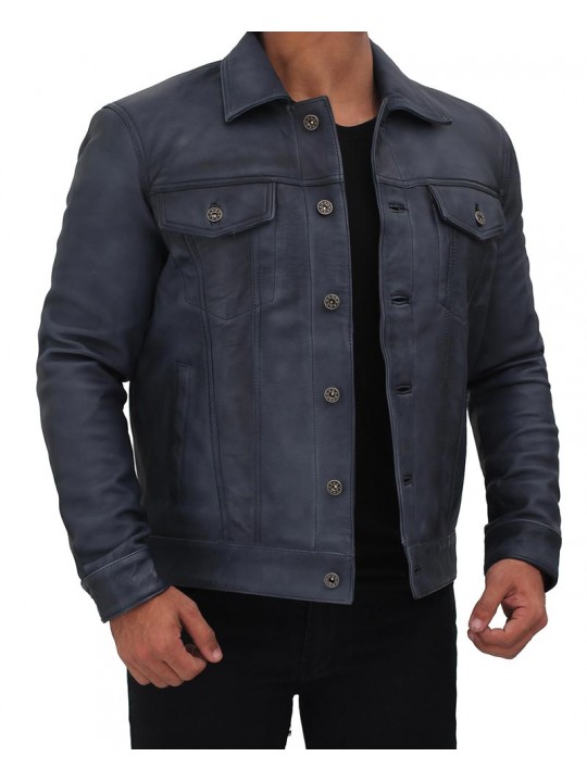 Mens Edgy Fashion Real Sheepskin Blue Leather Shirt