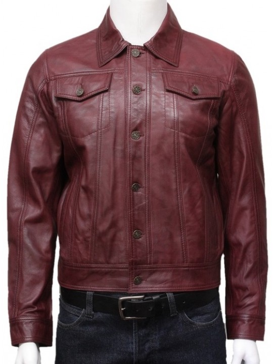 Mens Edgy Fashion Real Sheepskin Burgundy Leather Shirt