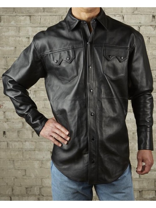 Mens Exceptional Look Real Sheepskin Black Leather Shirt