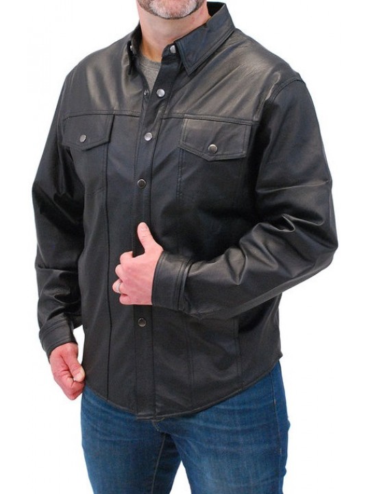Mens Eye-Catching Real Sheepskin Black Leather Shirt