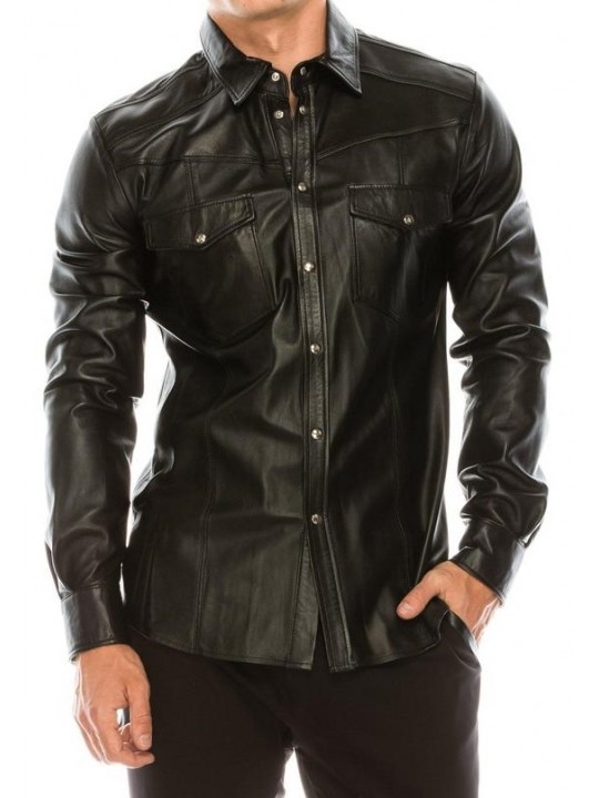 Mens Fashion Wear Real Sheepskin Black Leather Shirt