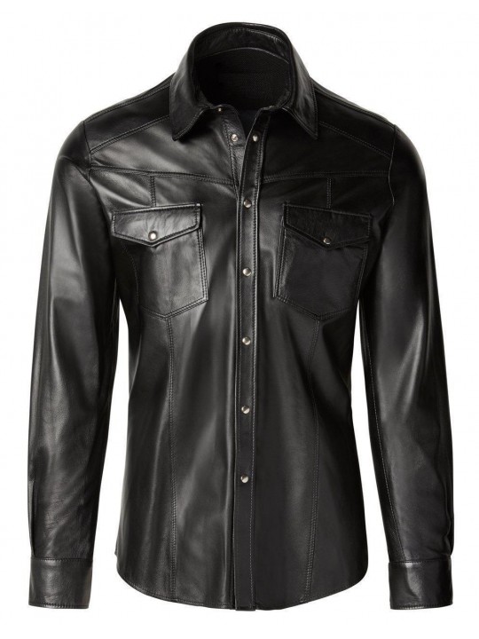 Mens Fashion Wear Real Sheepskin Black Leather Shirt