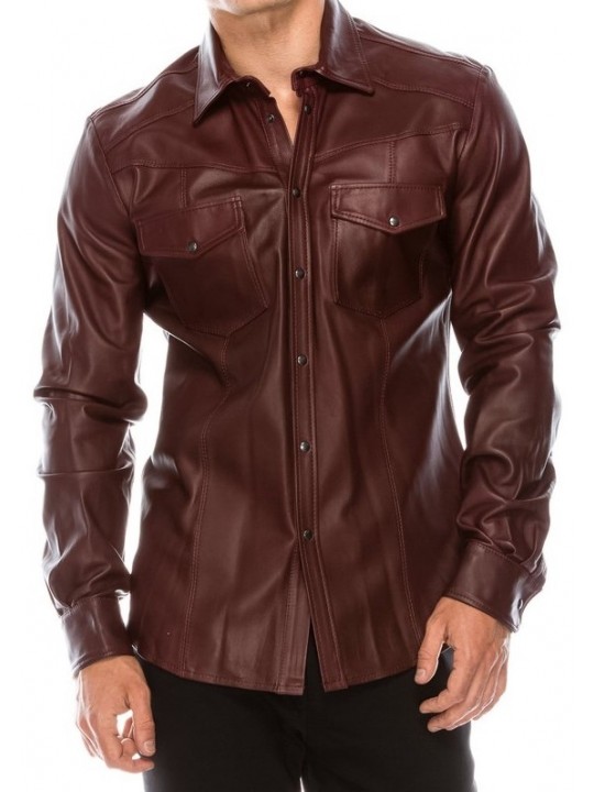 Mens Fashion Wear Real Sheepskin Burgundy Leather Shirt