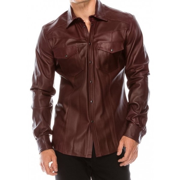 Mens Fashion Wear Real Sheepskin Burgundy Leather Shirt