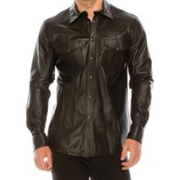 Mens Fashion Wear Real Sheepskin Dark Brown Leather Shirt