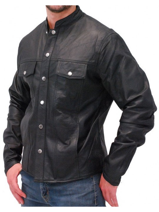 Mens High Fashion Real Sheepskin Black Leather Shirt
