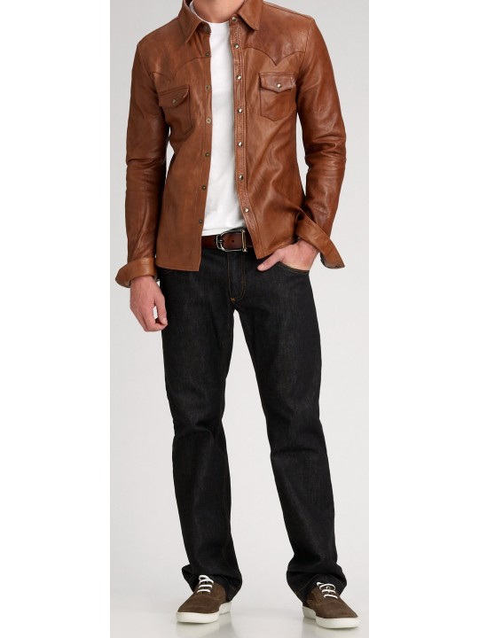 Mens High Quality Real Sheepskin Brown Leather Shirt