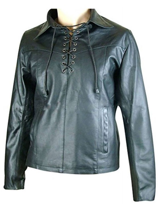 Mens Lace-Up Front Real Sheepskin Black Leather Shirt