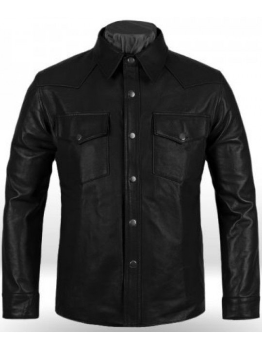 Mens Noteworthy Look Real Sheepskin Black Leather Shirt