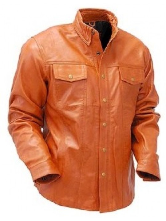 Mens Perfect Look Real Sheepskin Tan Brown Leather Shirt