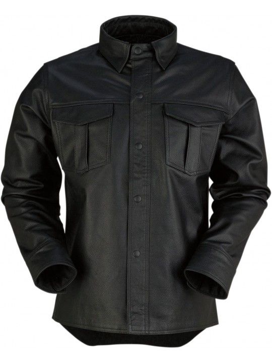 Mens Prominent Look Real Sheepskin Black Leather Shirt