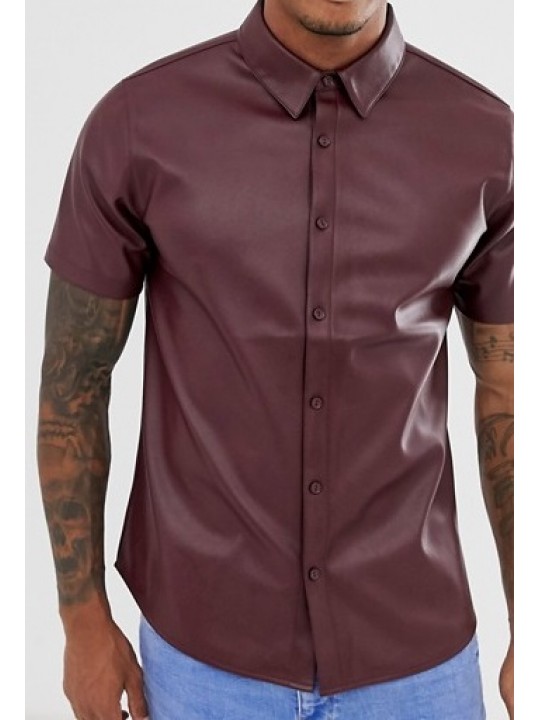 Mens Street Style Short Sleeve Real Sheepskin Burgundy Leather Shirt