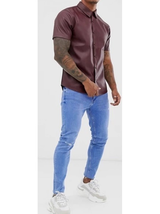 Mens Street Style Short Sleeve Real Sheepskin Burgundy Leather Shirt