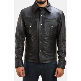 Mens Street Wear Real Sheepskin Black Leather Shirt