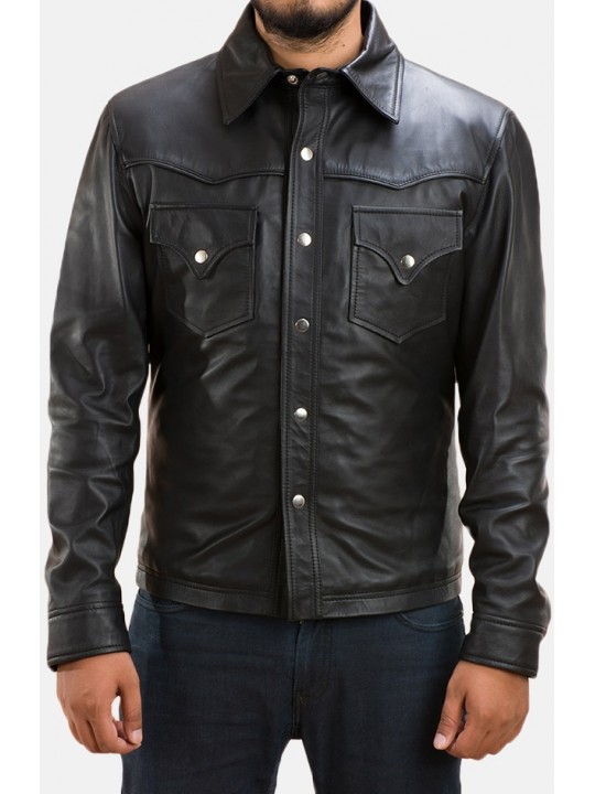 Mens Street Wear Real Sheepskin Black Leather Shirt