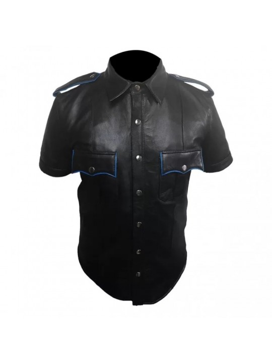 Mens Very Hot Genuine Black & Blue Leather Shirt