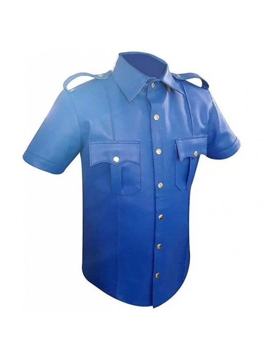Mens Very Hot Genuine Electric Blue Leather Shirt