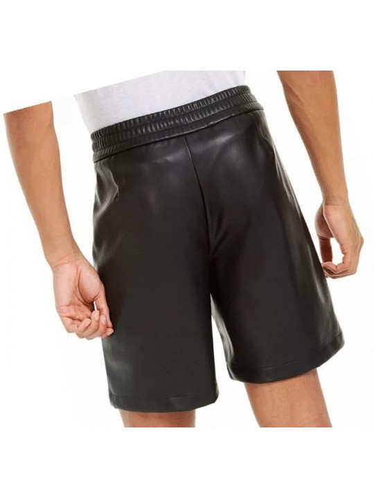 Men Casual Look Real Sheepskin Black Leather Shorts