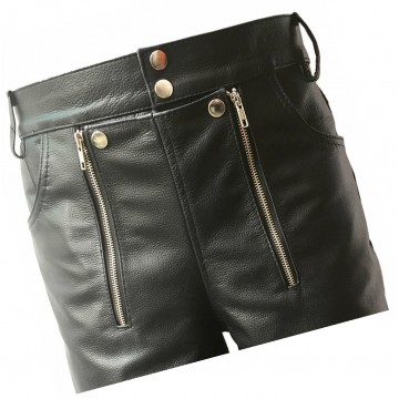 Men Double Zipper Snap Button Front Real Sheepskin Black Leather Shorts 