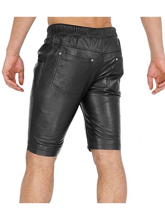 Men Elastic Waist Joggers Real Sheepskin Black Leather Shorts