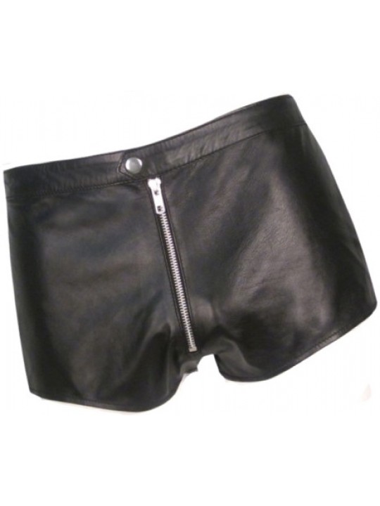 Men Front Zip Closure Real Sheepskin Black Leather Shorts