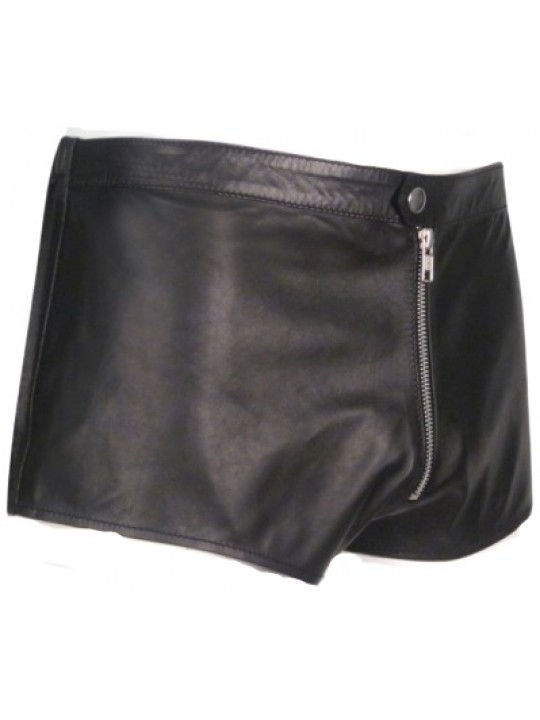 Men Front Zip Closure Real Sheepskin Black Leather Shorts
