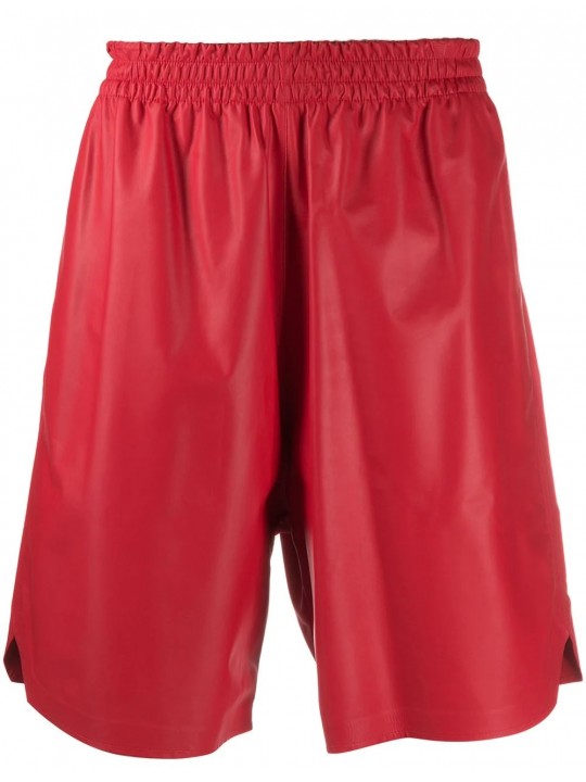 Men Knee Length Elastic Waist Real Sheepskin Red Leather Shorts