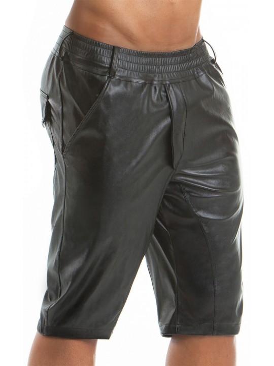 Men Military Style Real Sheepskin Black Leather Shorts